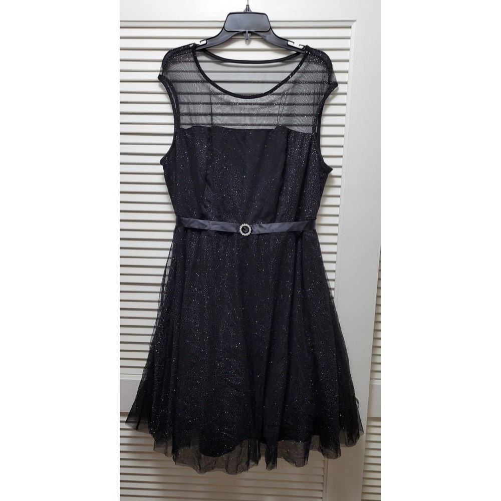 Black Glitter Tulle Cocktail Dress Rhinestone Belt Sheer Mesh Yoke Sleeveless